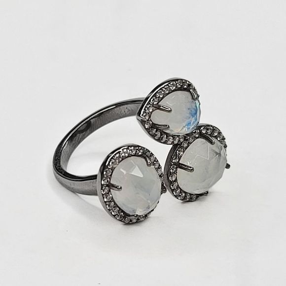 Triple Moonstone with Simulated Diamond Pave Bezel Adjustable Ring | 7½-11 - Picture 7 of 11